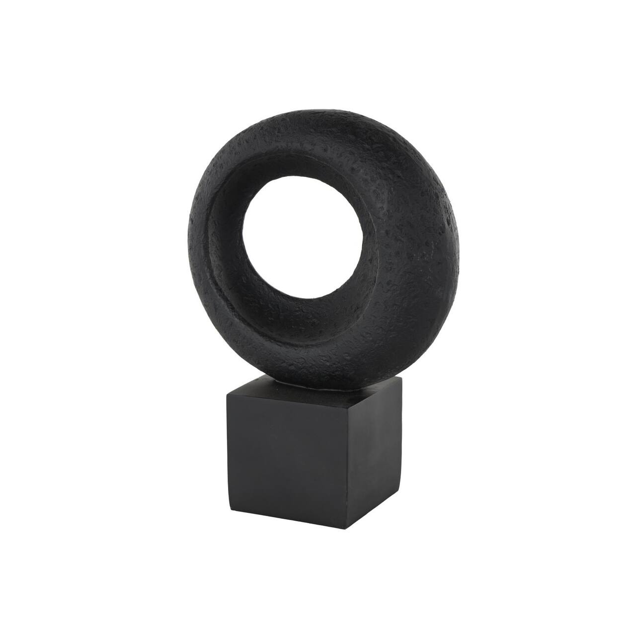 14.25" Black Polystone Geometric Textured Cutout Ring Sculpture with Block Base